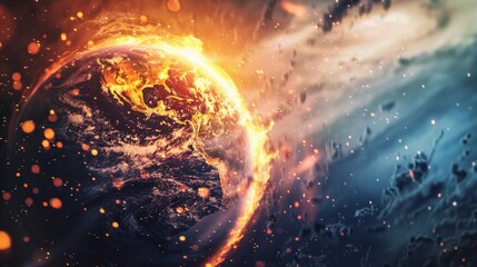 Obraz premium Abstract background depicting a burning planet surrounded by space elements. Useful in space science articles, educational websites and sci-fi projects.