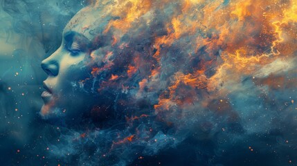 Profile of a man with closed eyes surrounded by bright colors and fire flashes. Fantastic portrait for book covers and posters.