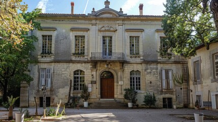 An old building with columns and trees. Architectural magazines, restoration materials, tourist guides.