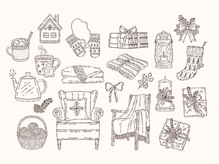 Hand-drawn cozy Christmas home doodle set with armchairs, pillows, gift boxes, candles, mugs, lanterns, and festive decorations