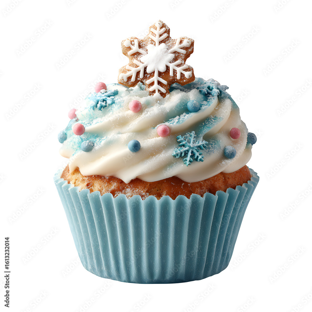 Poster cupcake with snowflake topping isolated on transparent background