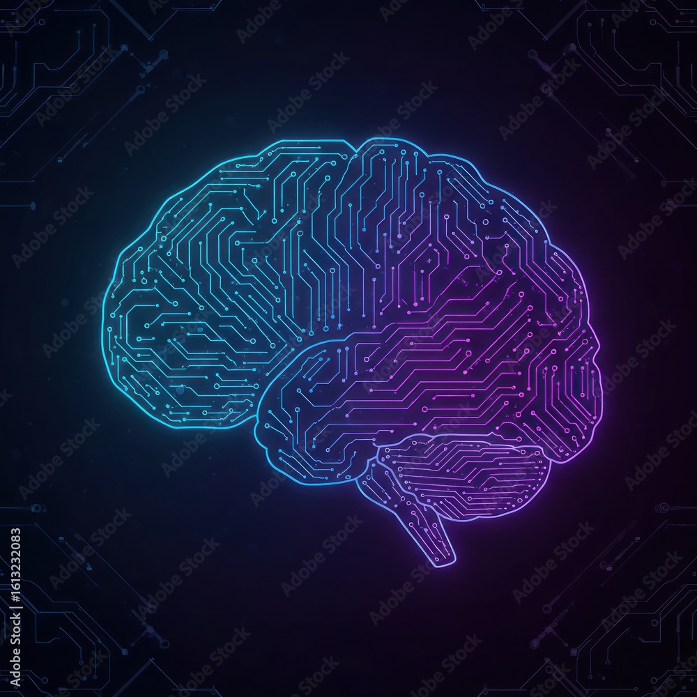 Aufkleber futuristic neon brain of glowing electronic circuits. a digital illustration symbolizing artificial 