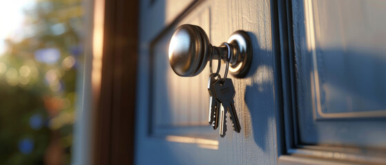 Close-up of a door lock with keys hanging in it, against a background of a blurred garden. Security magazines, home defense articles, advertisements for locks and security systems.