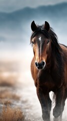 Obraz premium Majestic brown horse standing in misty landscape with mountains in background during early morning