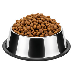 Shiny metal pet food bowl filled with kibble isolated on transparent background