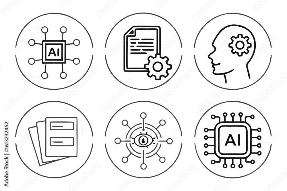 Poster artificial intelligence line icons – minimalist black outline vector set