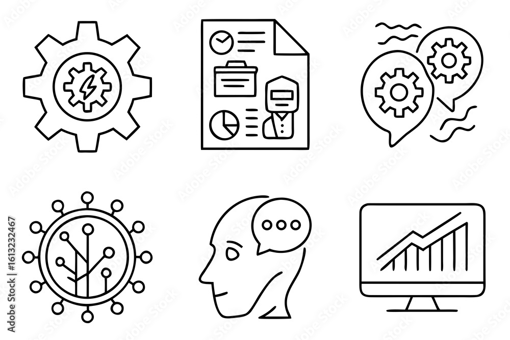 Poster artificial intelligence line icons – minimalist black outline vector set