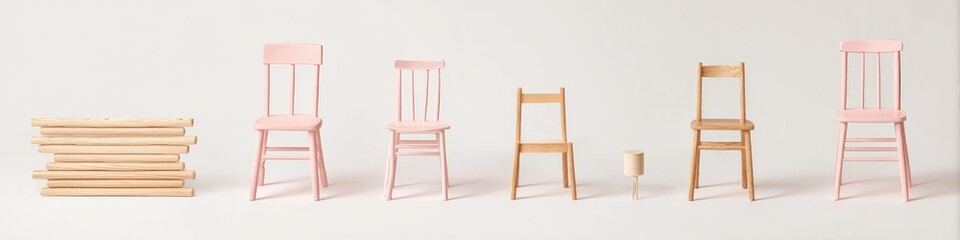 Pink and natural wood chairs of varying sizes