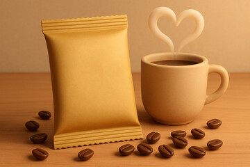 Warm cozy coffee scene with instant Arabica coffee sachet, ceramic cup and heart-shaped steam, aromatic morning drink concept with roasted coffee beans
