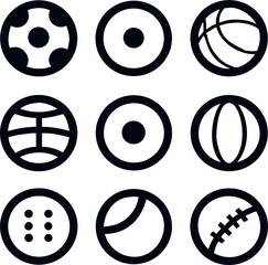 Sports ball icon set including soccer, tennis, basketball, golf, football, and more. Ideal for fitness apps, team logos, posters, and athletic designs.
