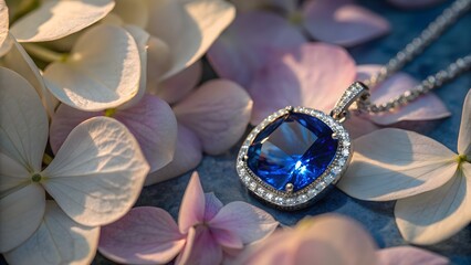 Close up of a blue gemstone pendant necklace surrounded by white and pink petals