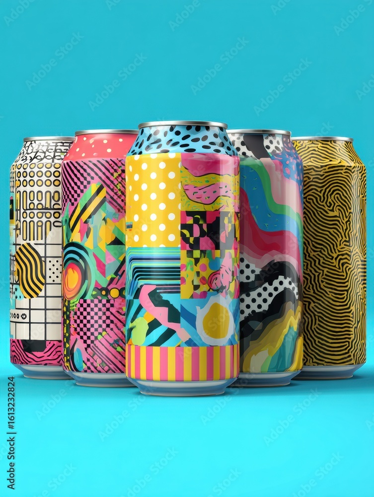 Poster colorful beer cans in modern patterns arranged on a bright background with space for personalized me