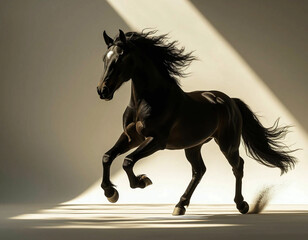 A magnificent black horse gallops on a uniform light background, the year of the horse.