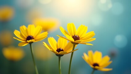 Yellow flowers against a vibrant blue background, creating a striking contrast in colors.