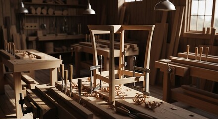 Woodworking workshop with chair frame construction and various woodworking tools