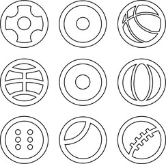 Sports ball outline icon collection featuring football, tennis, golf, and basketball. Great for athletic posters, club logos, and fitness themes.

