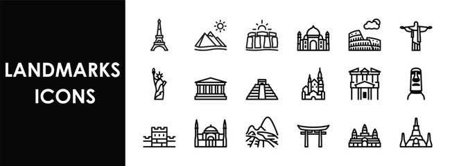 Set of 18 landmark icons. Editable line icons. Vector illustration