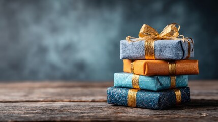 A stack of presents with a gold bow on top. The presents are in different colors and sizes, and they are piled on top of each other