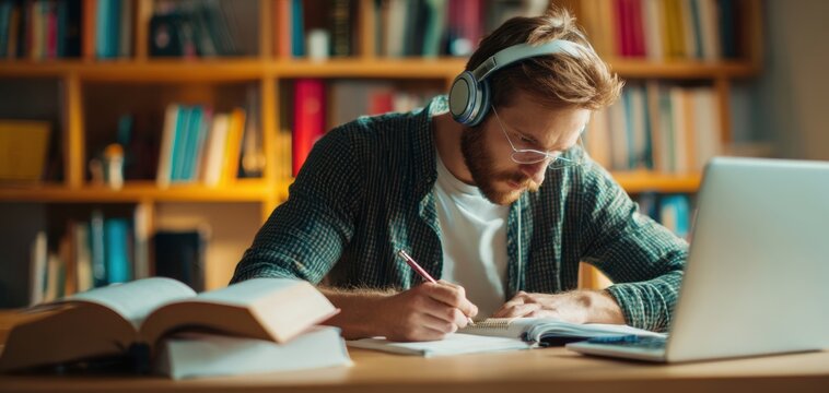 The student studying diligently with headphones in a cozy library setting