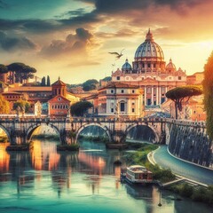Fototapeta premium Saint Peter Basilica in Vatican City Rome at night with river view and iconic architecture