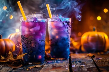 Two spooky halloween cocktails with dry ice smoke, orange and purple layered drink with ice and yellow straws on rustic wood surface with pumpkins and autumn leaves