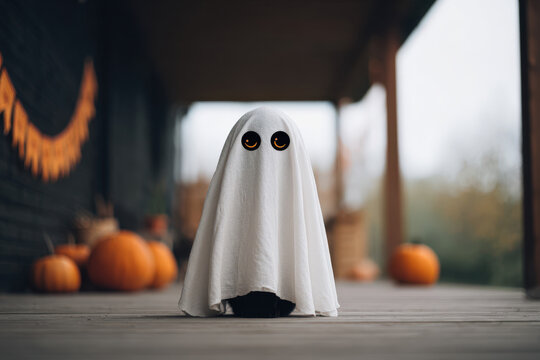 Halloween ghost decoration outdoor porch photography autumn close-up spooky atmosphere