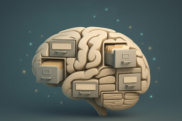Human brain as memory filing system with labeled drawers for facts, emotions, long-term memories, creative mental organization concept
