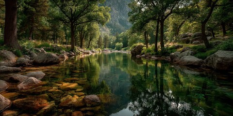 Obraz premium Serene river reflecting trees and rocks in a tranquil forest setting during daylight