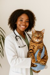 A smiling African American woman veterinarian in a white coat holds a Bengal cat, symbolizing compassionate pet care, trust and professionalism