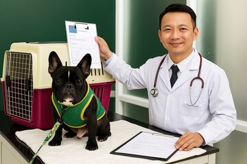 Veterinarian holding medical chart next to a french bulldog in green vest on examination table beside pet carrier in clinic