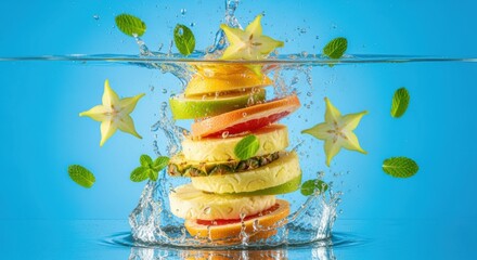 Exotic fruit slices falling into crystal clear water against bright blue background refreshing and