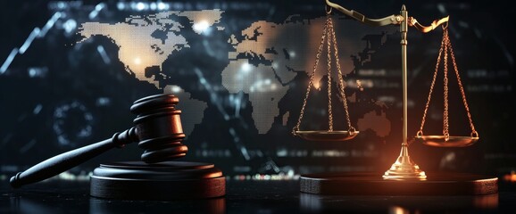 Illustration of a Wooden Gavel and Golden Scale Symbolizing Law, International Environmental Concepts, Corporate Industry Regulations