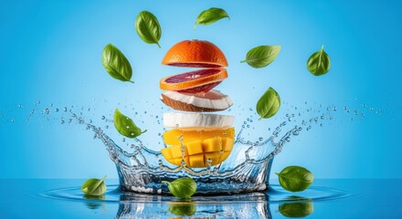 Dynamic fruit composition bursting in water against a vibrant blue background creating visual