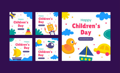 Children day greeting social media posts. Set of flat vector illustrations. Minimalistic background illustrations for sales, advertisements, coupons. Banner, poster, flyer.