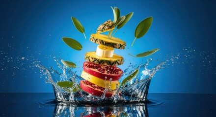 Colorful fruit medley in mid-air splash, exhibiting balanced composition and vivid contrast on