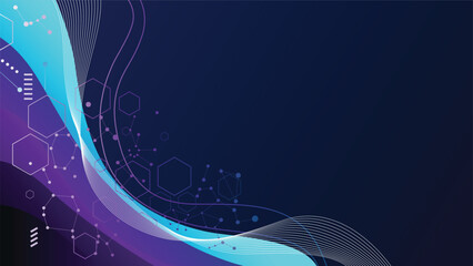 Abstract dark blue background with flowing blue and purple waves, hexagon shapes, and tech network elements.