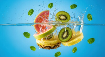 Exotic fruit medley creating vibrant water splash for invigorating visuals and refreshment concept