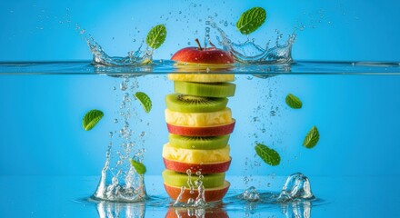 Vibrant layered fruits submerged with water splashes and floating mint leaves, depicting freshness