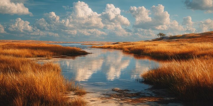 Golden grasses and bright clouds reflect on calm waters of a serene marshland during late afternoon - Powered by Adobe
