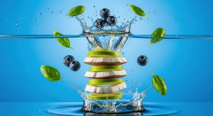 Dynamic water splash of fresh coconut and lime slices adorned with scattered blueberries and
