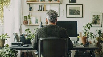 Mature Caucasian man working on computer in home office