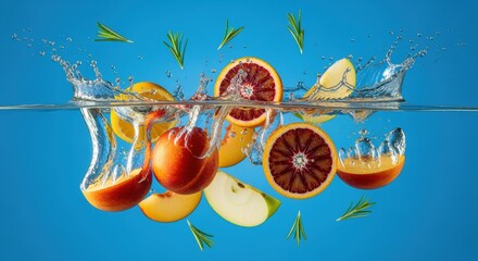 Vibrant citrus explosion in water, a refreshing display of colorful fruit and herbs on clear blue