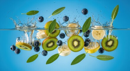 A visually stunning display of assorted fresh fruits and foliage splashing into water on vivid