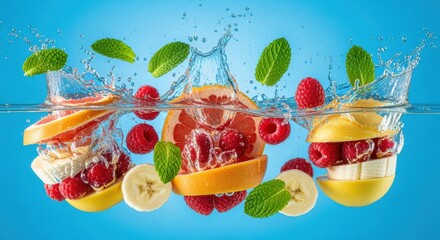 Vibrant fruit cascade in refreshing water showcasing banana, grapefruit, raspberries and mint leaves