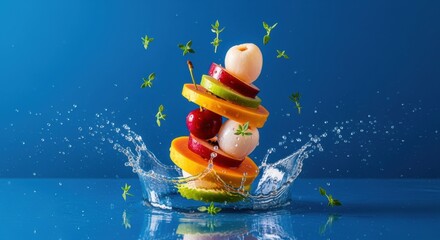 Vibrant fruit assemblage balanced above splashing water on a cobalt backdrop exhibiting freshness
