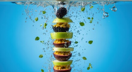 Exotic fruit explosion, cascading water and vivid blue backdrop creating a refreshing aquatic