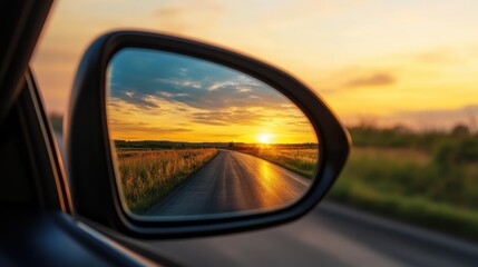 Car mirror reflecting sunset over peaceful countryside road
