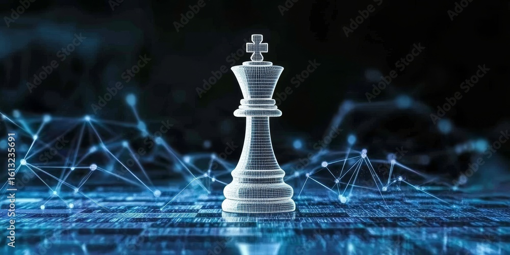 Poster digital chess concept with a virtual white king surrounded by binary code and strategic insights.