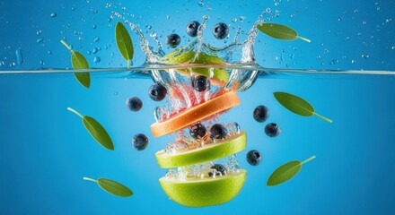 Vibrant citrus explosion with blueberries creates a refreshing splash, capturing the essence of