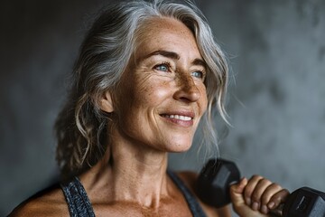 Happy mature woman with gray hair and freckles is training with dumbbells, enjoying her workout and promoting healthy lifestyle for older people